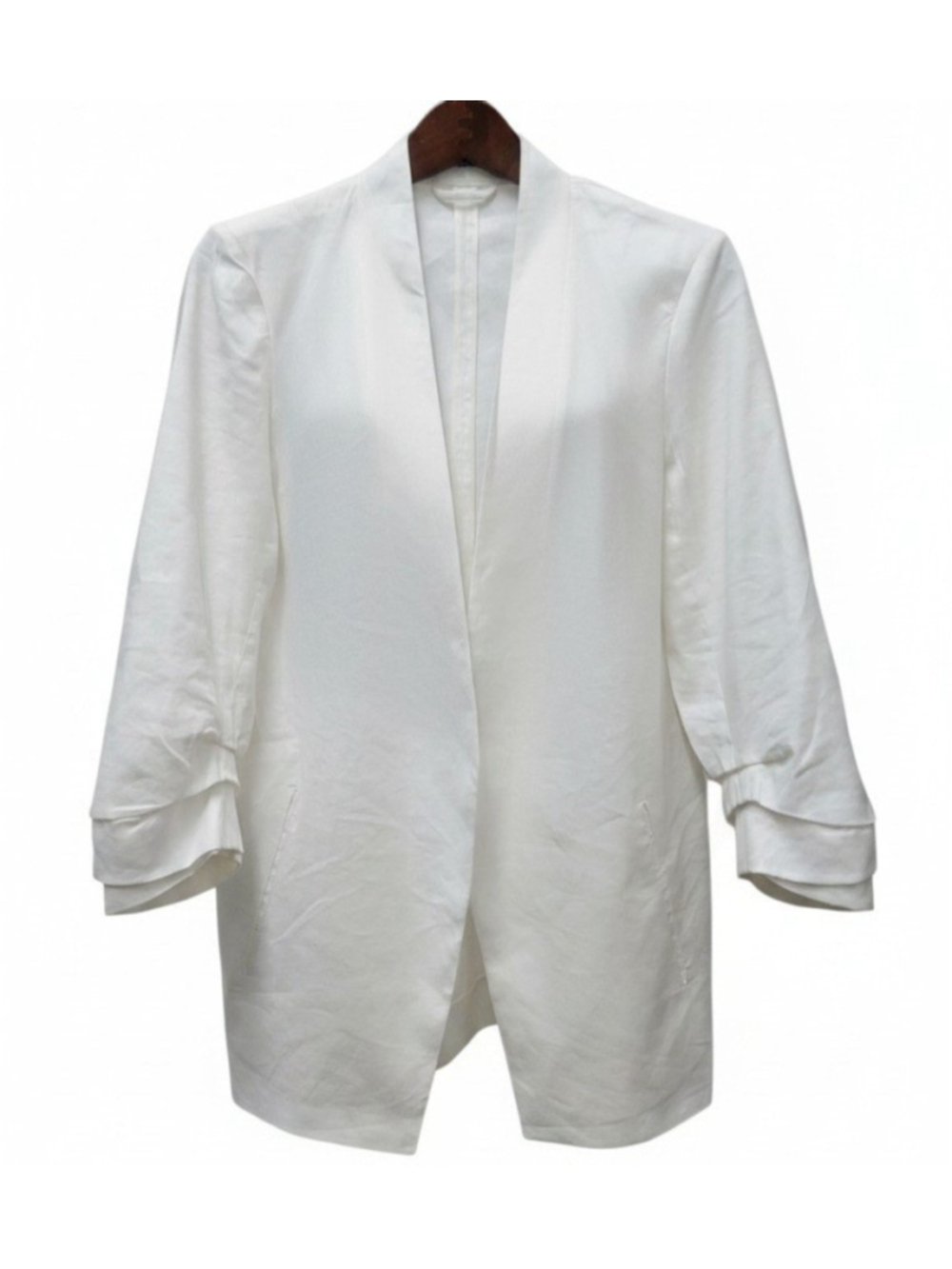 Babaton Womens Open-Front White 3/4 Ruched Sleeves Jacket Blazer Size 10 Pre-own